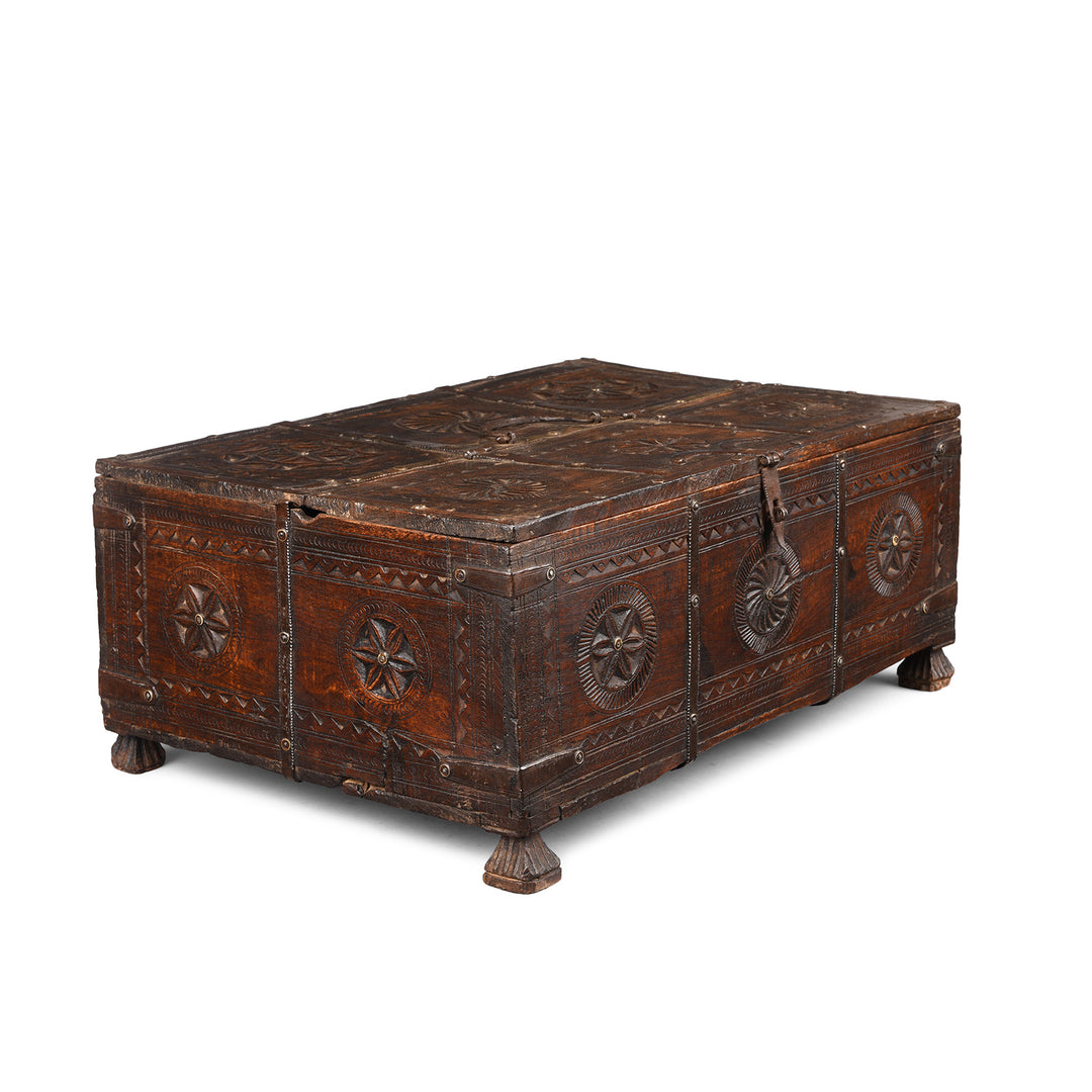 Antique Iron Bound Indian Chip Carved Merchants Box From Rajasthan | Indigo Antiques