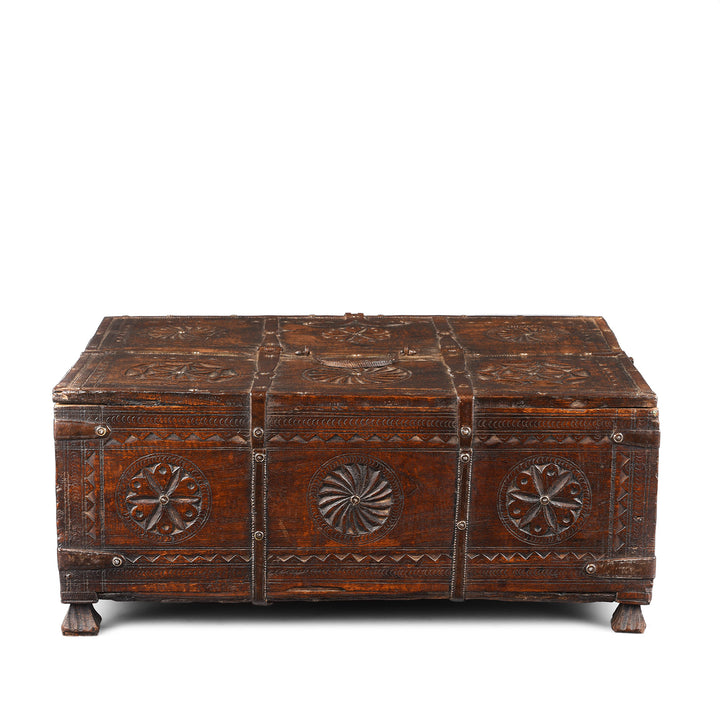 Back View Of Antique Chip Carved Teak Merchants Box From Rajasthan | Indigo Antiques