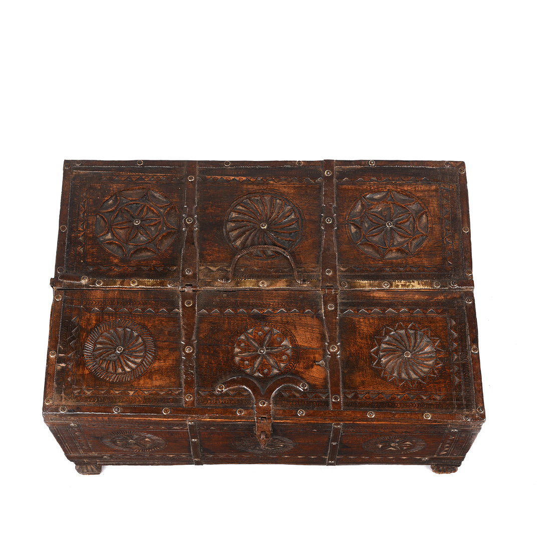 Chip Carving Detail of an Antique Iron Bound Indian Chip Carved Merchants Box From Rajasthan | Indigo Antiques