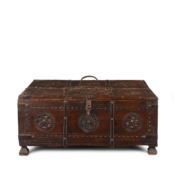 Antique Iron Bound Indian Chip Carved Merchants Box From Rajasthan | Indigo Antiques