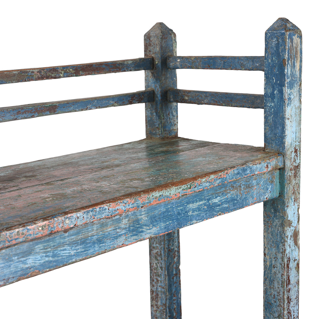 Corner Detail From Antique Blue Slatted Teakwood Shelf From Rajasthan - Ca 1930 | Indigo Antiques