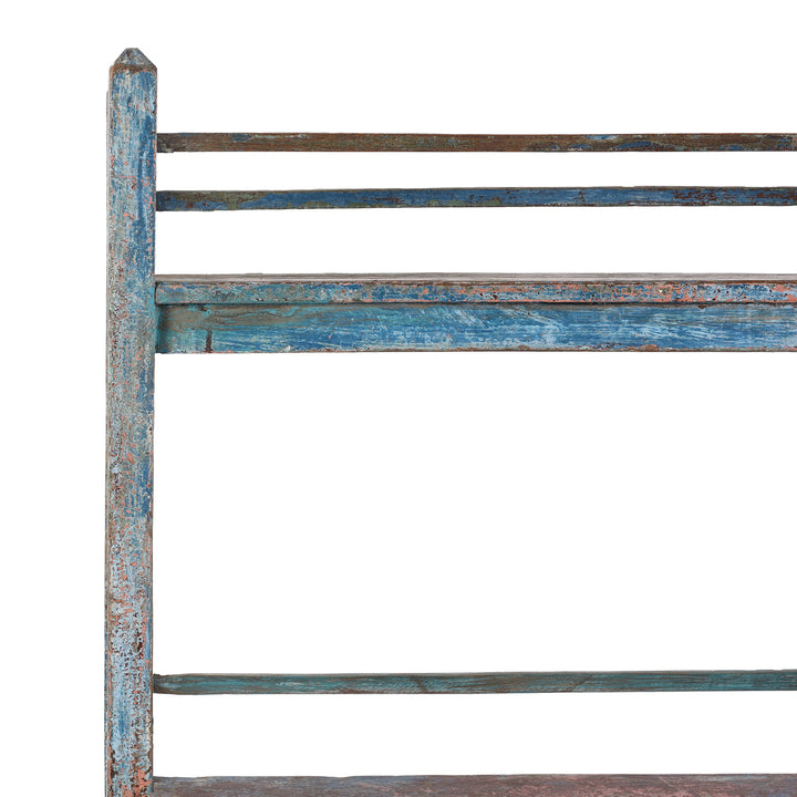 Corner Detail From Antique Blue Slatted Teakwood Shelf From Rajasthan - Ca 1930 | Indigo Antiques