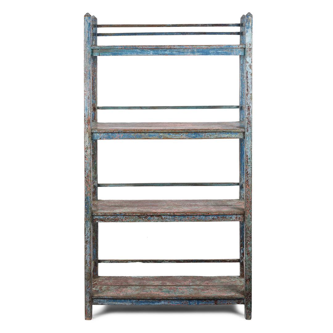 Antique Blue Slatted Teakwood Shelf From Rajasthan - Ca 1930 | Indigo Antiques