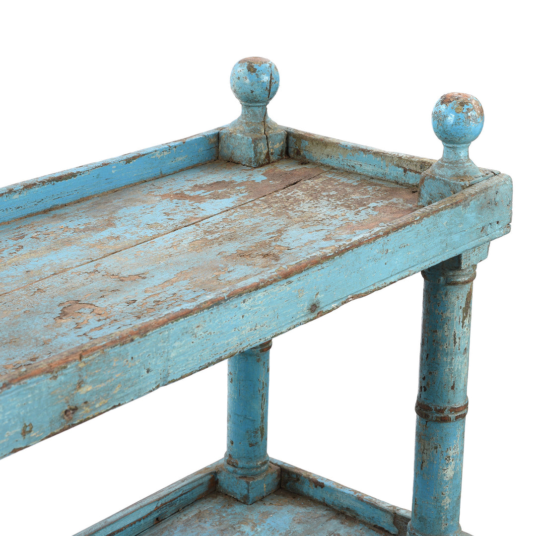 Detail From Vintage Blue Painted Indian Teak Shelf | Indigo Antiques