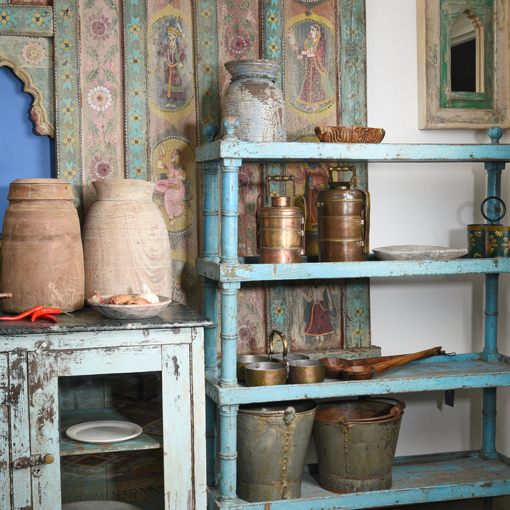Vintage Blue Painted Indian Teak Shelf - Ca 1930