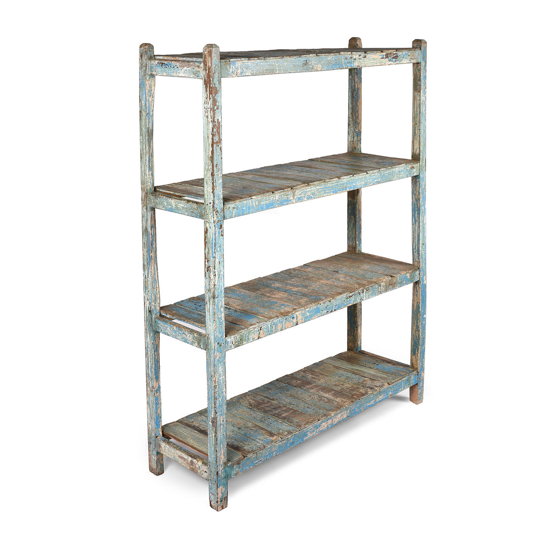 Vintage Blue Painted Teak Slatted Shelf From Gujarat | Indigo Antiques