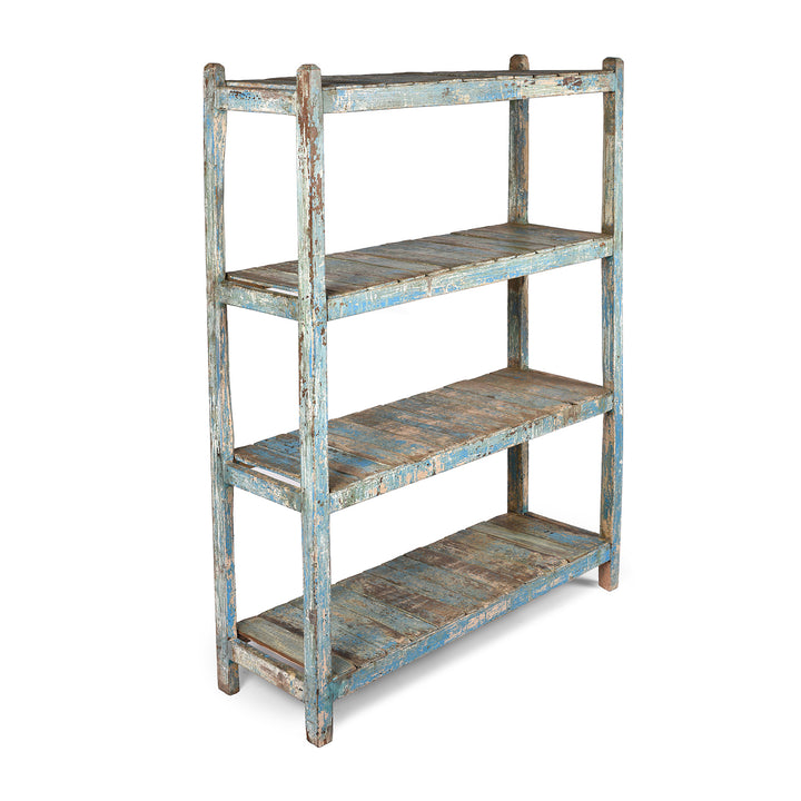 Vintage Blue Painted Teak Slatted Shelf From Gujarat | Indigo Antiques