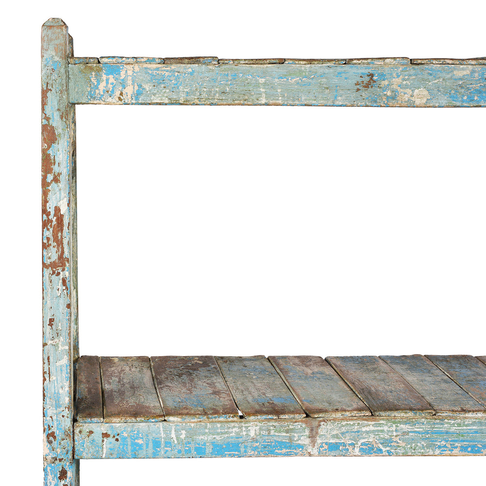 Corner Detail From Vintage Blue Painted Teak Slatted Shelf From Gujarat | Indigo Antiques
