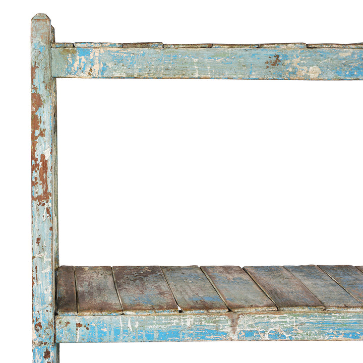 Corner Detail From Vintage Blue Painted Teak Slatted Shelf From Gujarat | Indigo Antiques