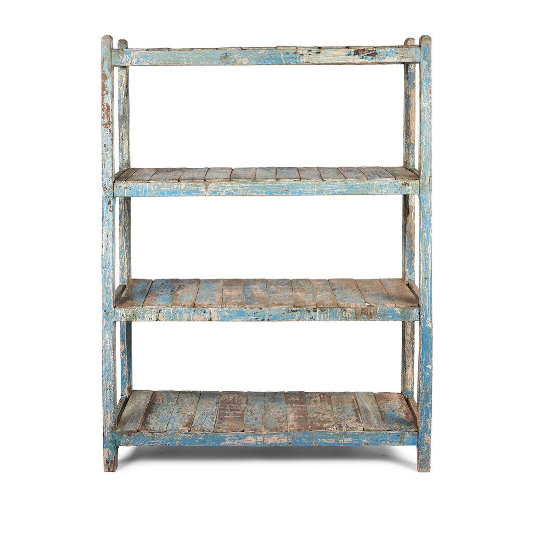 Vintage Blue Painted Teak Slatted Shelf From Gujarat | Indigo Antiques