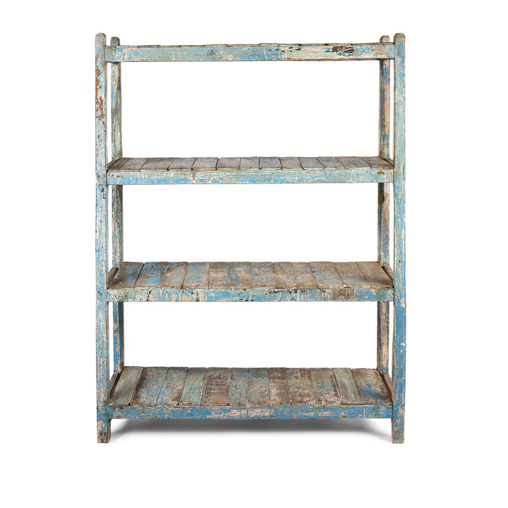 Vintage Blue Painted Teak Slatted Shelf From Gujarat | Indigo Antiques