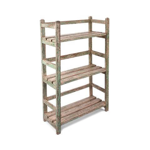 Vintage Green Painted Indian Slatted Teak Shelf - Ca 1930