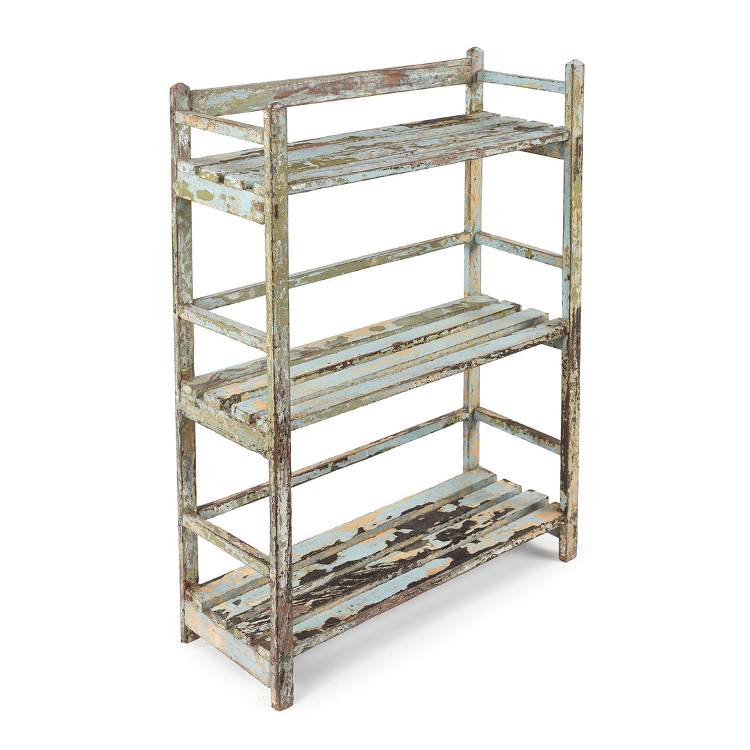 Angled View Of Antique Small Slatted Teakwood Shelf From Rajasthan | Indigo Antiques