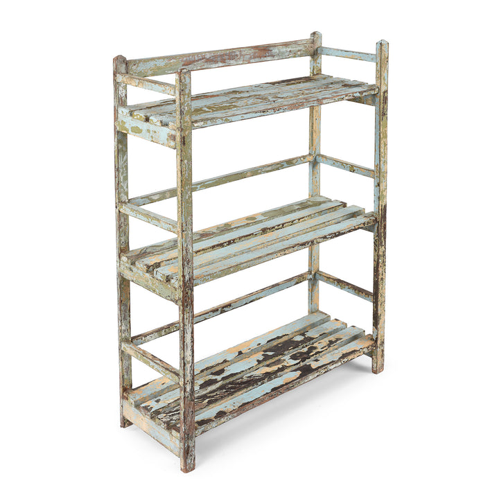Angled View Of Antique Small Slatted Teakwood Shelf From Rajasthan | Indigo Antiques