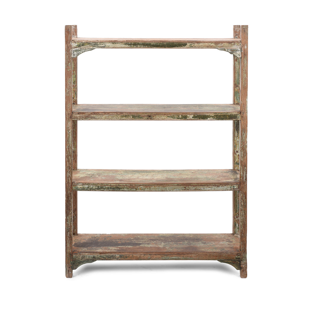 Front View OF Vintage Green / Cream Painted Teak Shelf From Gujarat | Indigo Antiques