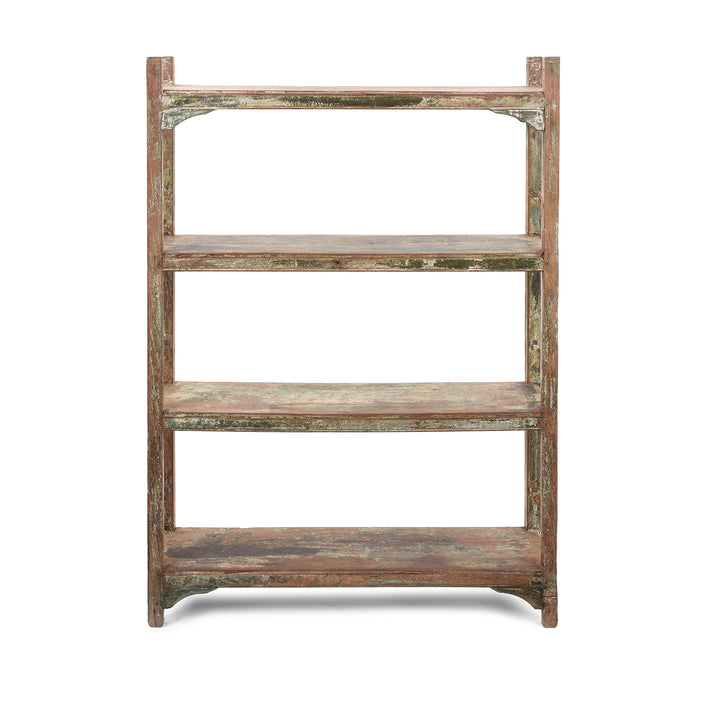 Front View OF Vintage Green / Cream Painted Teak Shelf From Gujarat | Indigo Antiques