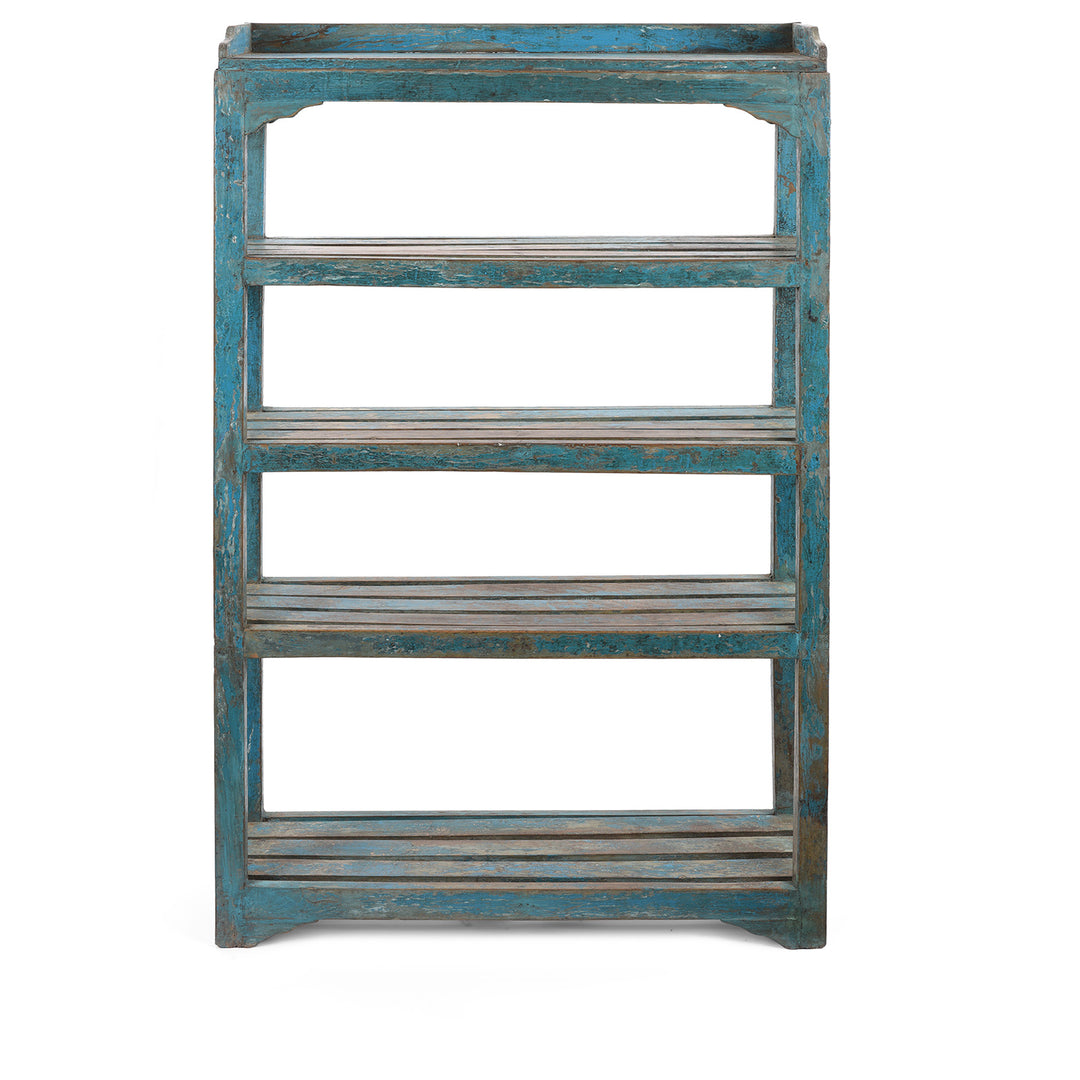 Blue Slatted Teakwood Shelf From Rajasthan - Ca 1930 | Indigo Antiques
