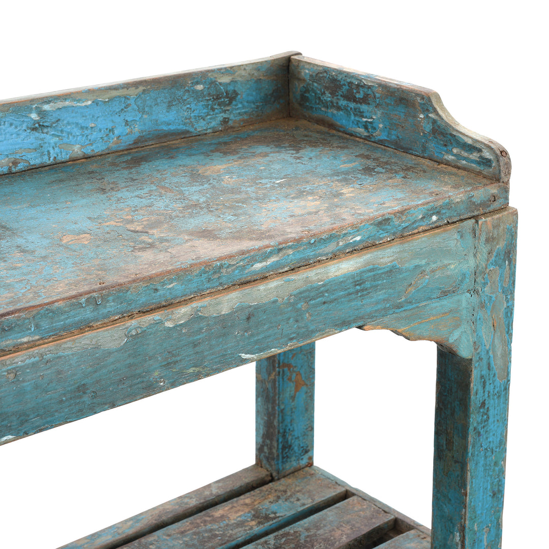 Blue Slatted Teakwood Shelf From Rajasthan - Ca 1930 | Indigo Antiques
