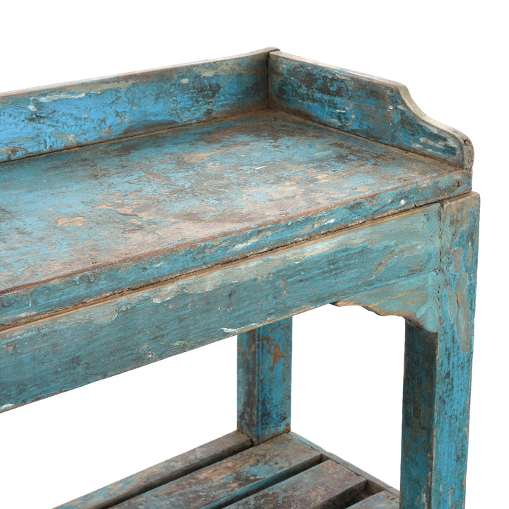 Blue Slatted Teakwood Shelf From Rajasthan - Ca 1930 | Indigo Antiques