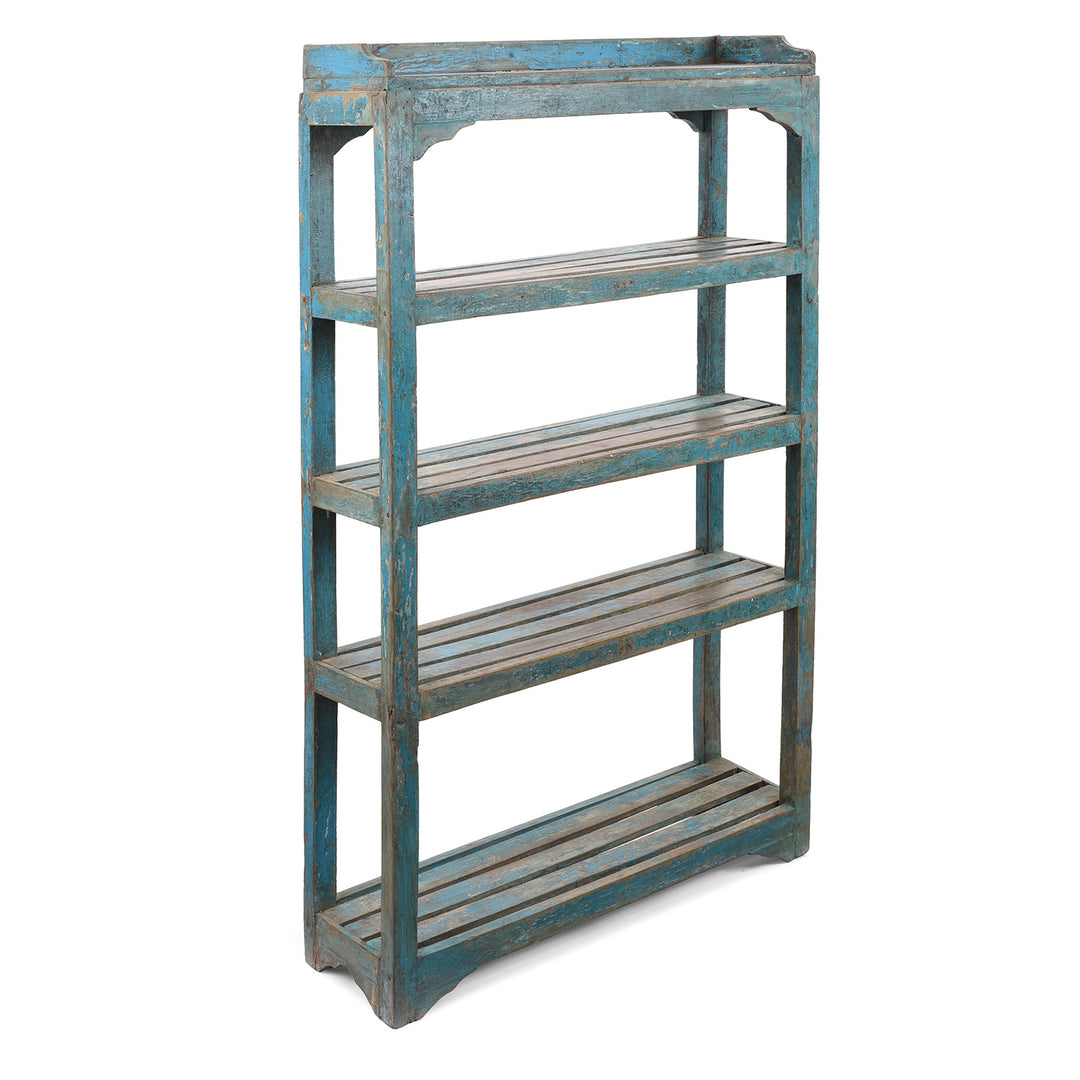 Blue Slatted Teakwood Shelf From Rajasthan - Ca 1930 | Indigo Antiques