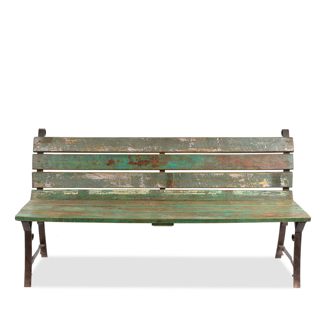 Vintage Green Painted Slatted Teak Bench | Indigo Antiques