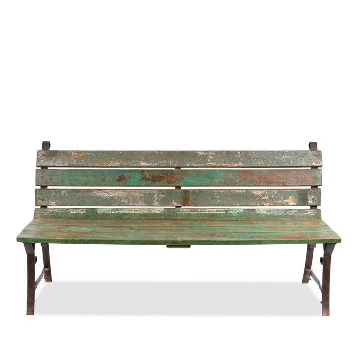 Vintage Green Painted Slatted Teak Bench | Indigo Antiques