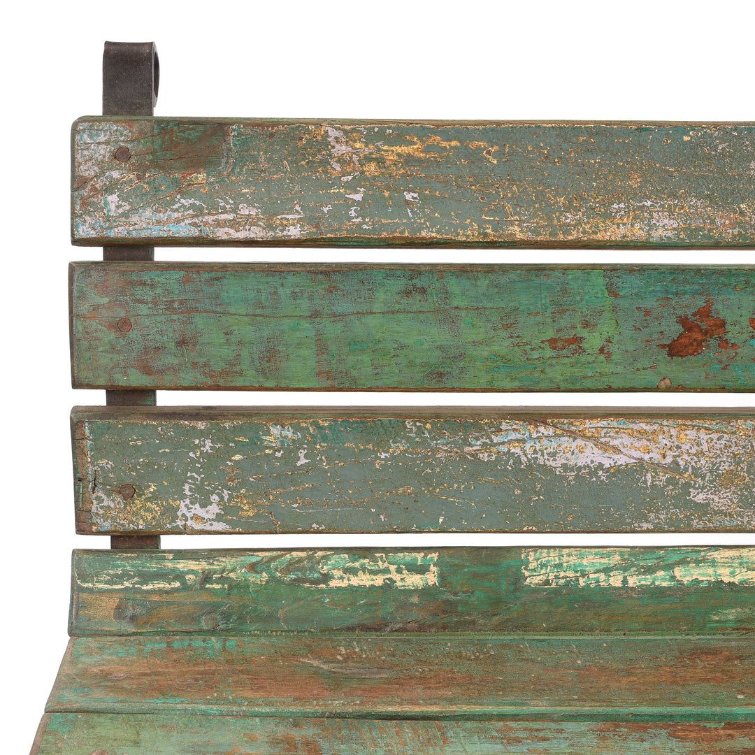 Corner Detail From Vintage Green Painted Slatted Teak Bench | Indigo Antiques