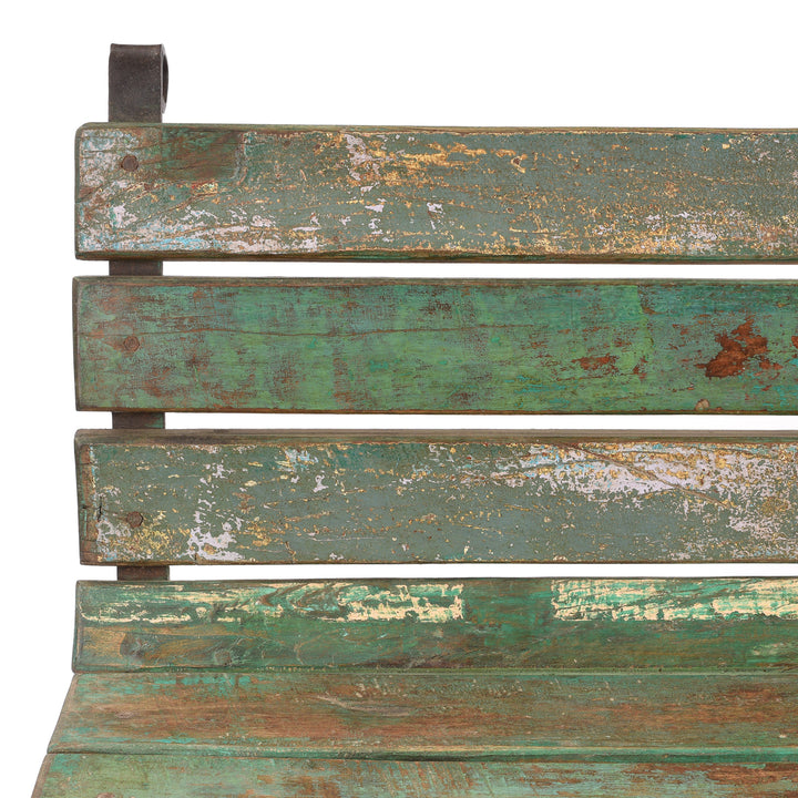 Corner Detail From Vintage Green Painted Slatted Teak Bench | Indigo Antiques