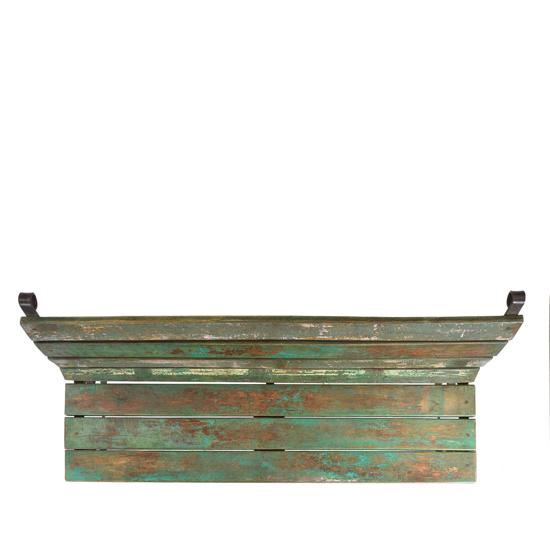 Top Down View Of Vintage Green Painted Slatted Teak Bench | Indigo Antiques