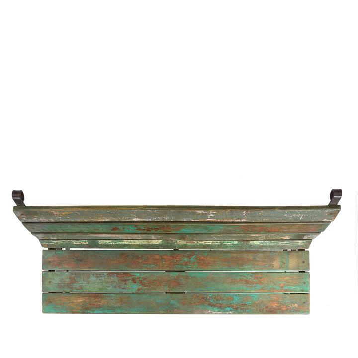 Top Down View Of Vintage Green Painted Slatted Teak Bench | Indigo Antiques