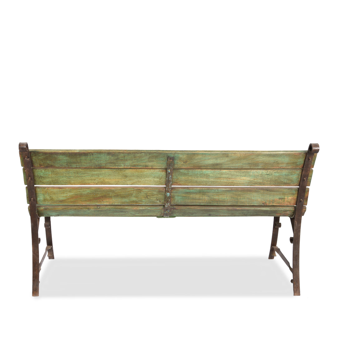 Back Of Vintage Green Painted Slatted Teak Bench | Indigo Antiques