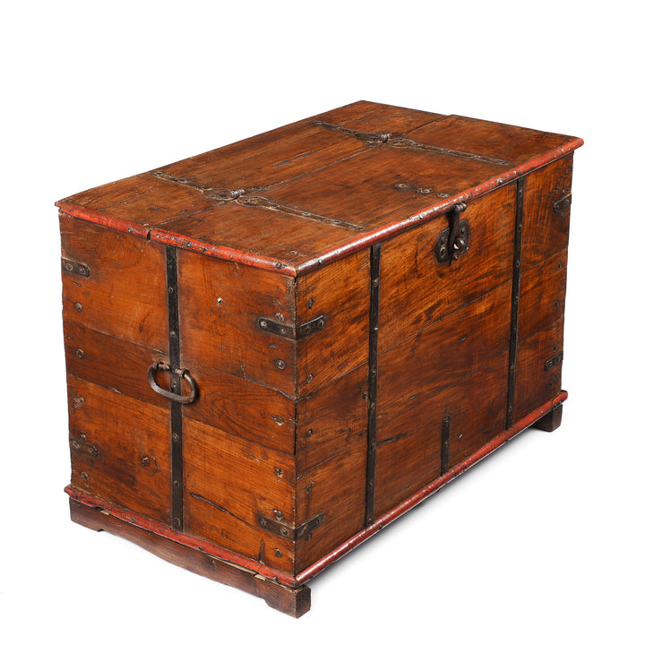 Angled View Of Antique Iron Bound Teak Chest From Gujarat | Indigo Antiques