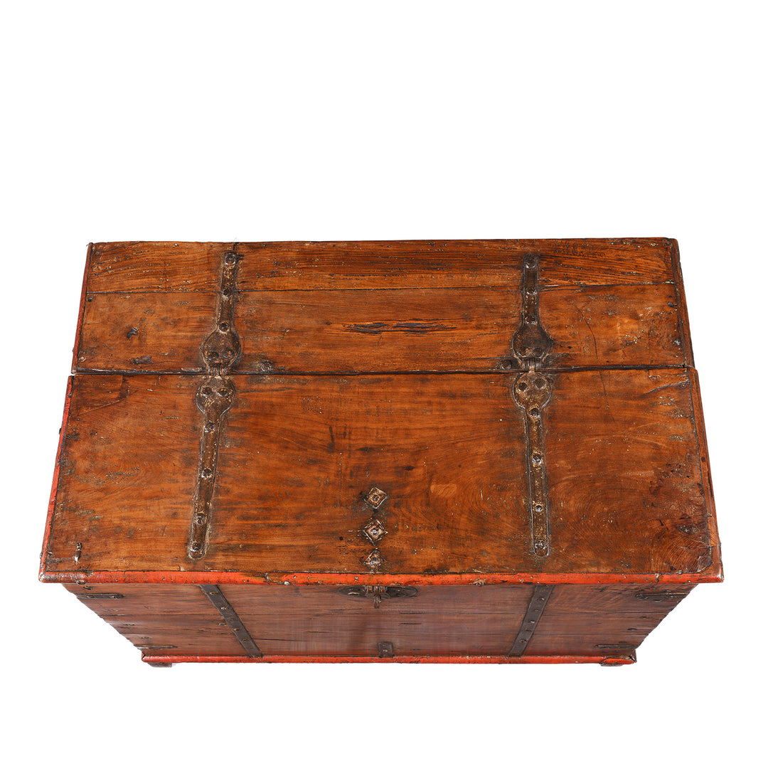 Top Down View Of Antique Iron Bound Teak Chest From Gujarat | Indigo Antiques
