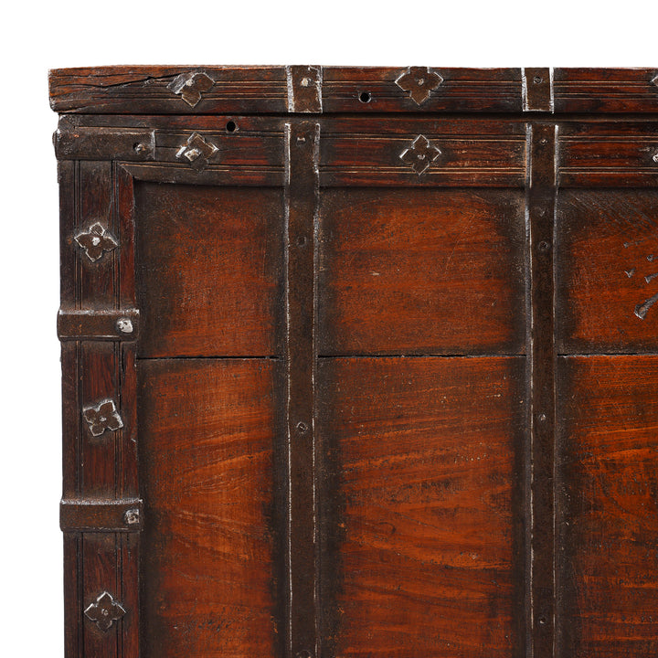 Corner Detail Showing Binding From Iron Bound Teak Chest From Gujarat | Indigo Antiques