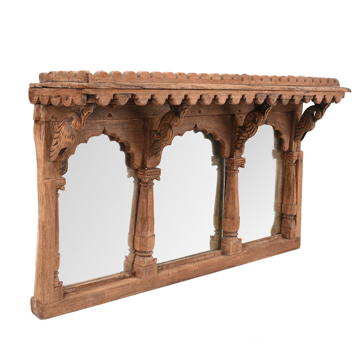 Angled View Of Antique Carved Teak Triple Window Mirror - 19th Century | INDIGO ANTIQUES