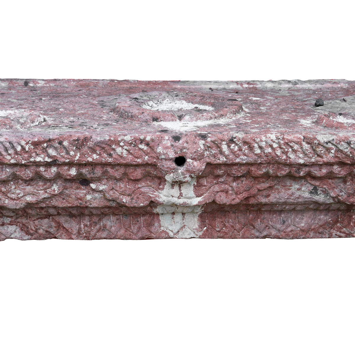 Close Up View Of Water Spout From Antique Indian Parinda Water Pot Stand With Carved Red Sandstone Top And Ornate White Stone Legs