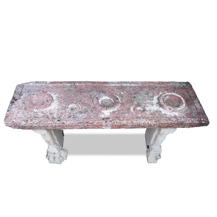 Top Down View Of Antique Indian Parinda Water Pot Stand With Carved Red Sandstone Top And Ornate White Stone Legs
