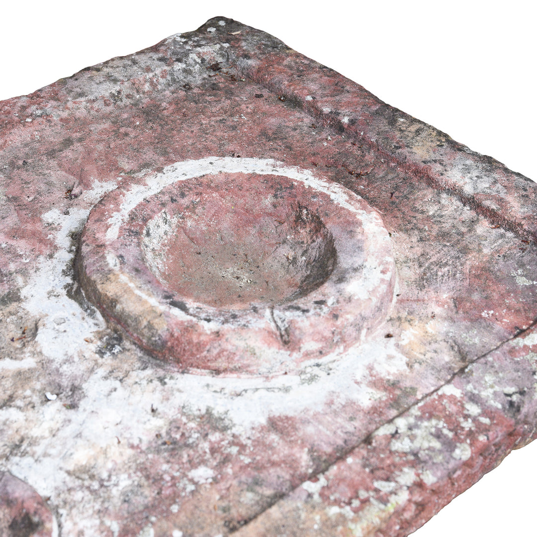 Detailed View Of Patina From Antique Indian Parinda Water Pot Stand With Carved Red Sandstone Top And Ornate White Stone Legs