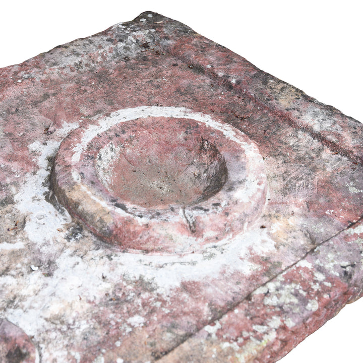 Detailed View Of Patina From Antique Indian Parinda Water Pot Stand With Carved Red Sandstone Top And Ornate White Stone Legs