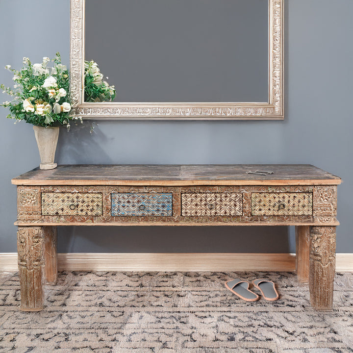 Reclaimed Four Drawer Teakwood Console Table With Painted Finish | Indigo Antiques