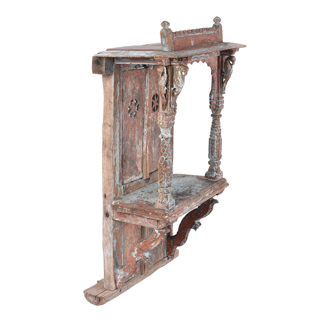 Angled View Of Antique Painted Teak House Shrine From Gujarat | indigo Antiques