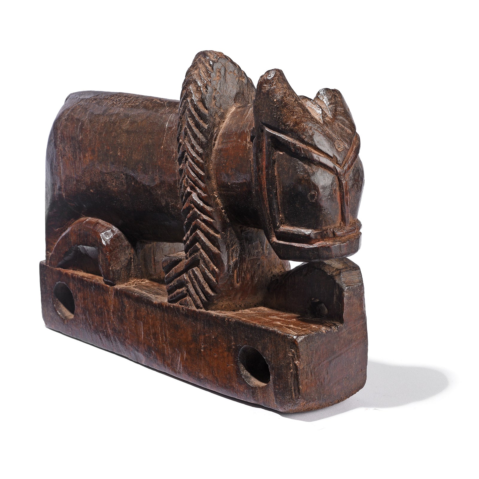 Angled View Of Antique Carved Teak Nandi Bull Toy From Rajasthan - 19th Century | Indigo Antiques