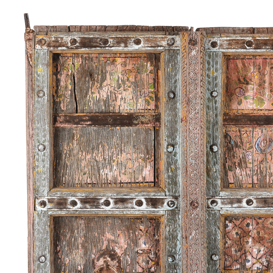 Corner Detail From Antique Painted Doors From Rajasthan With Later Paint - 19th Century | Indigo Antiques