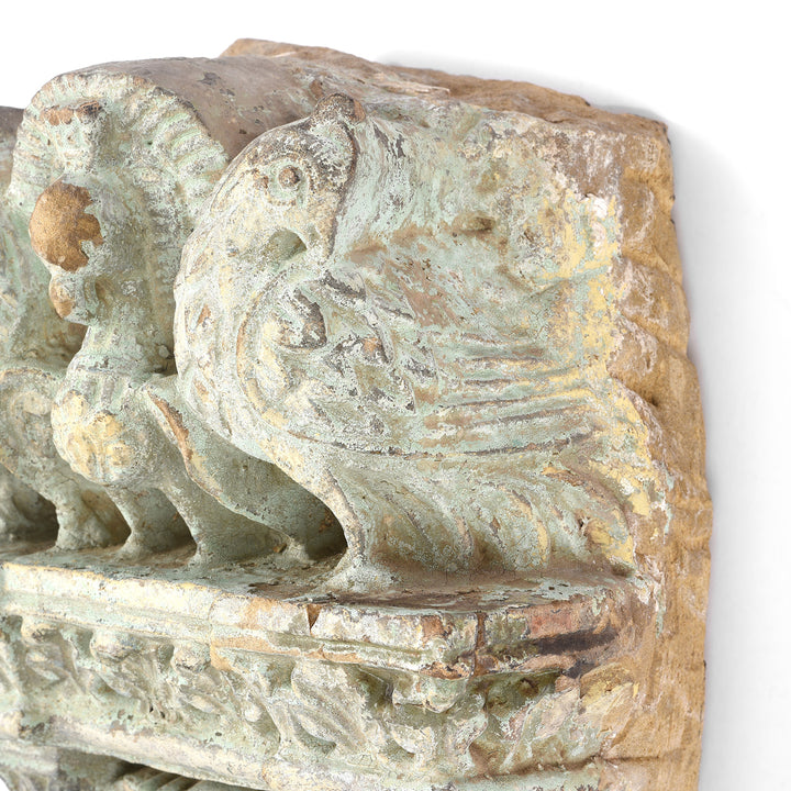 Peacock Detail From Antique Old Stone Lamp Niche From Gujarat - 19th Century | Indigo Antiques