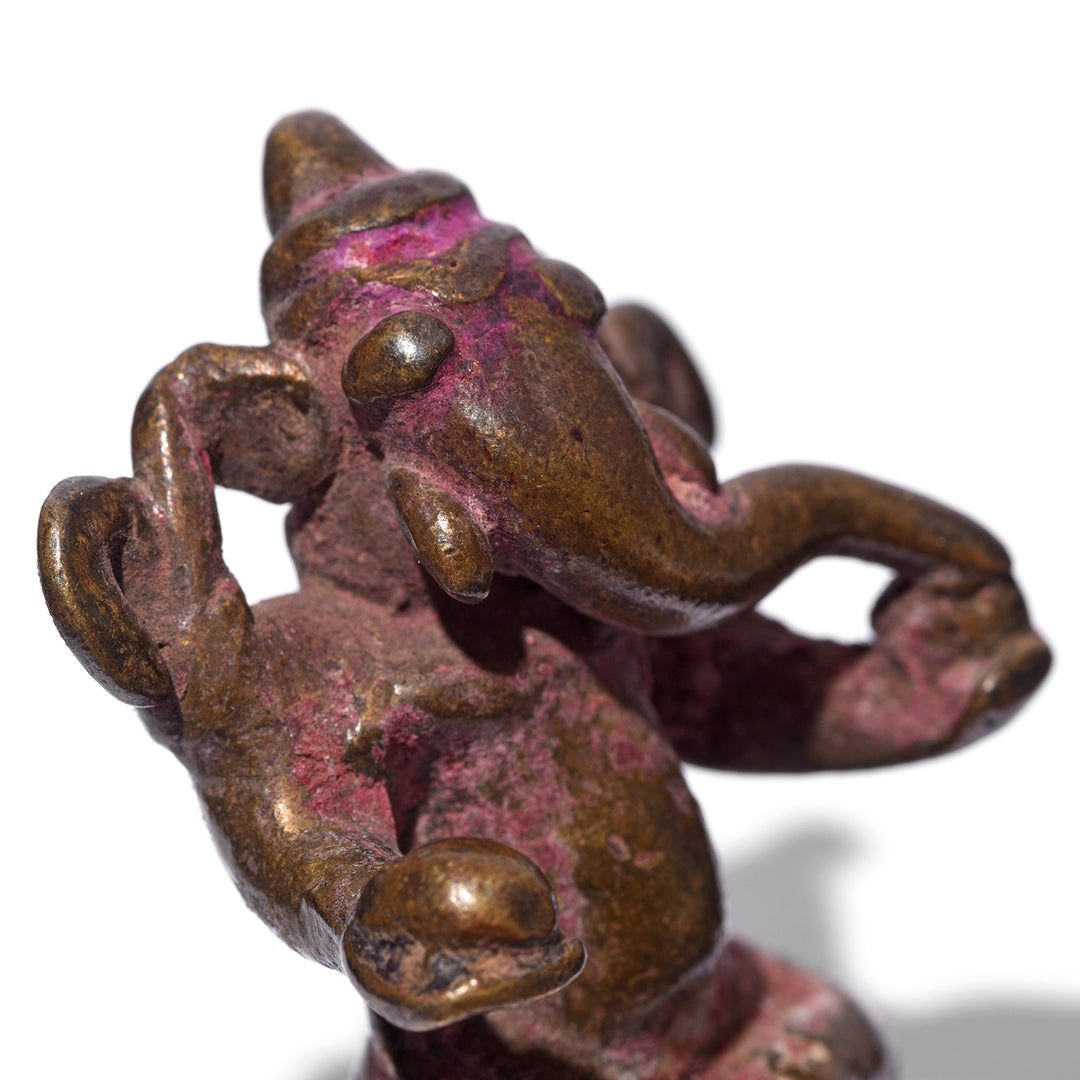Face Detail From Antique Brass Miniature Votive Statue Of Lord Ganesh | Indigo Antiques