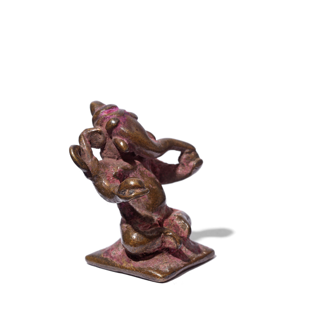 Angled View Of Antique Brass Miniature Votive Statue Of Lord Ganesh | Indigo Antiques