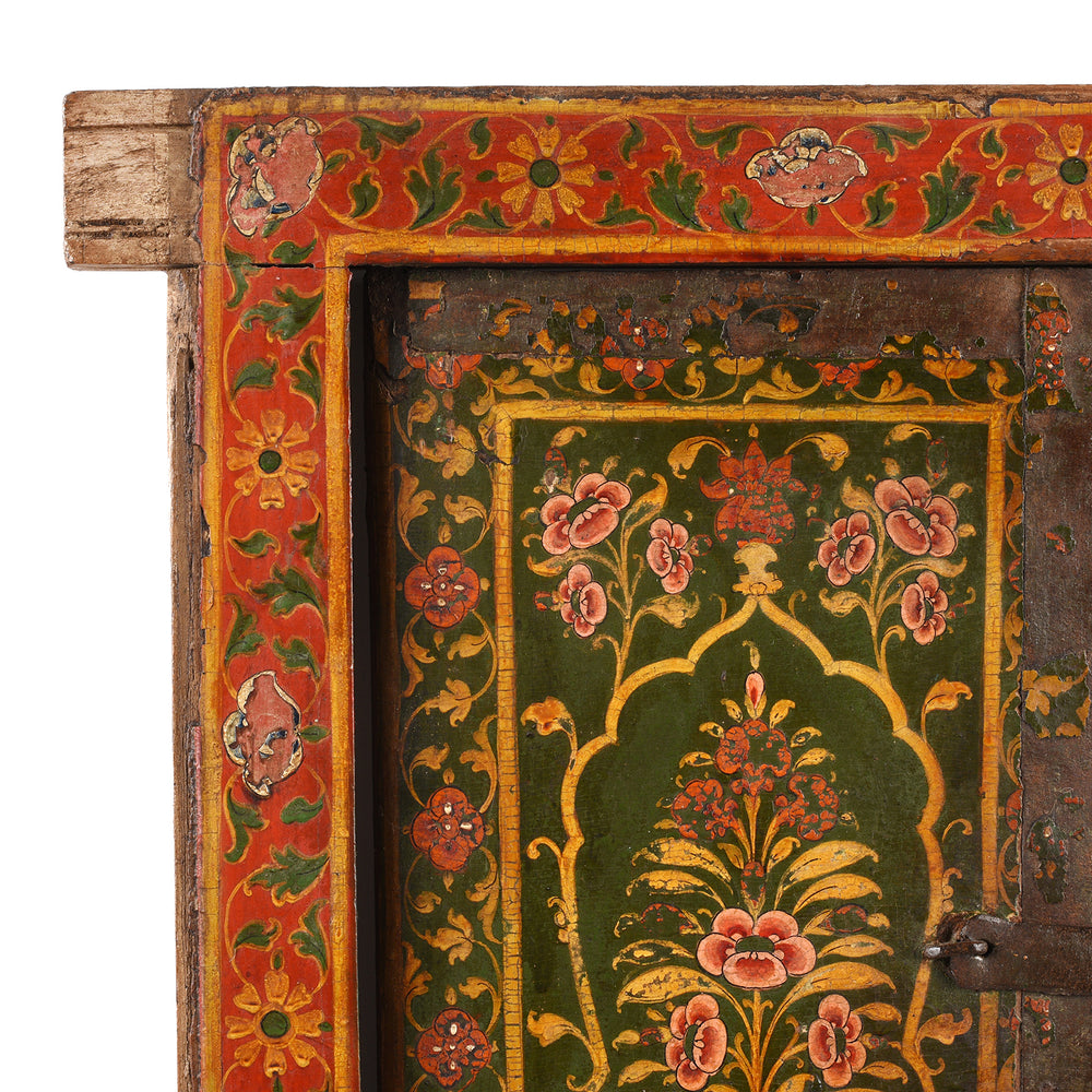 Corner Detail Displaying Painting On Antique Indian Tre Of Life Painted Window Shutter | Indigo Antiques