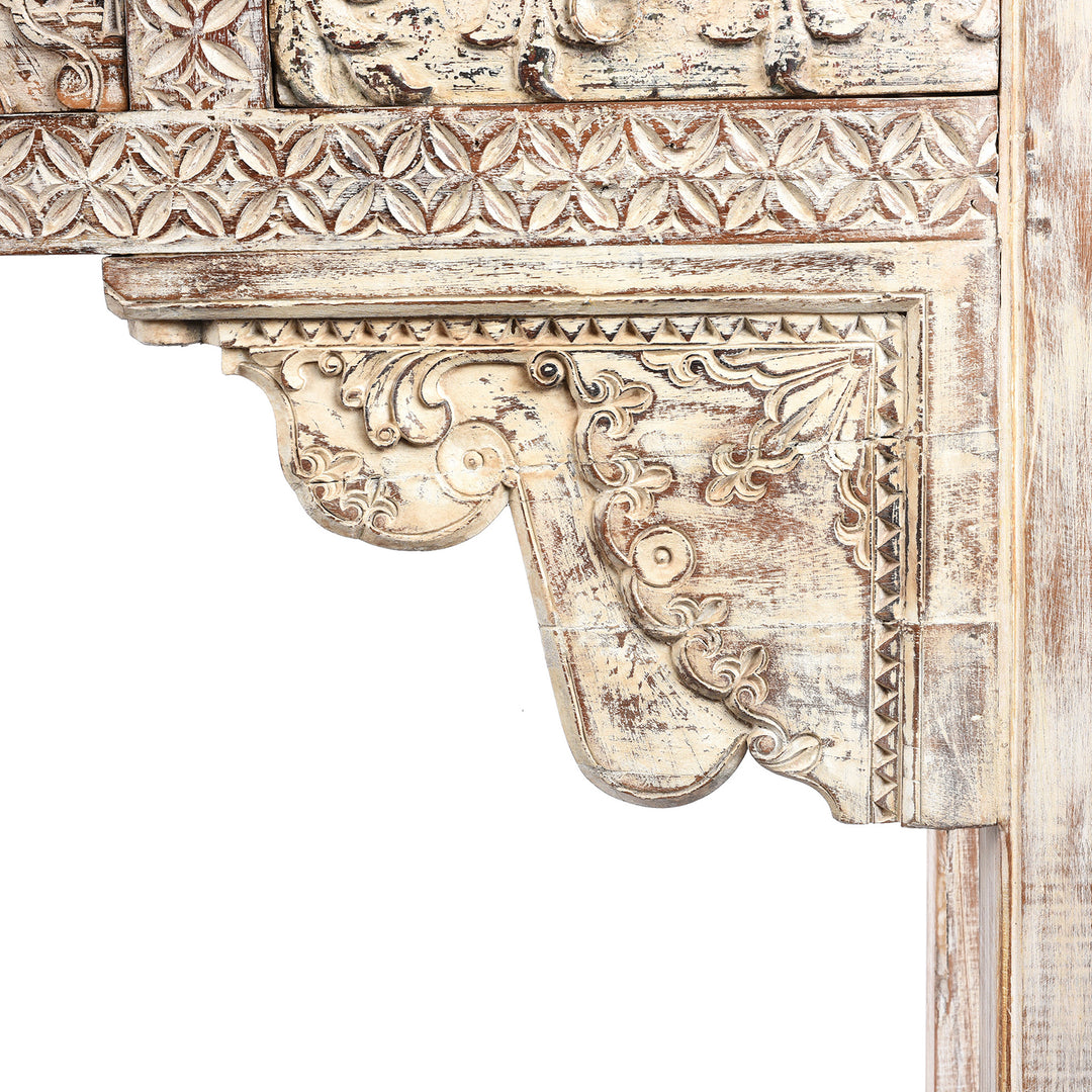 Carving Detail From Painted 5 Drawer Console Table Made From Reclaimed Teak | Indigo Antiques