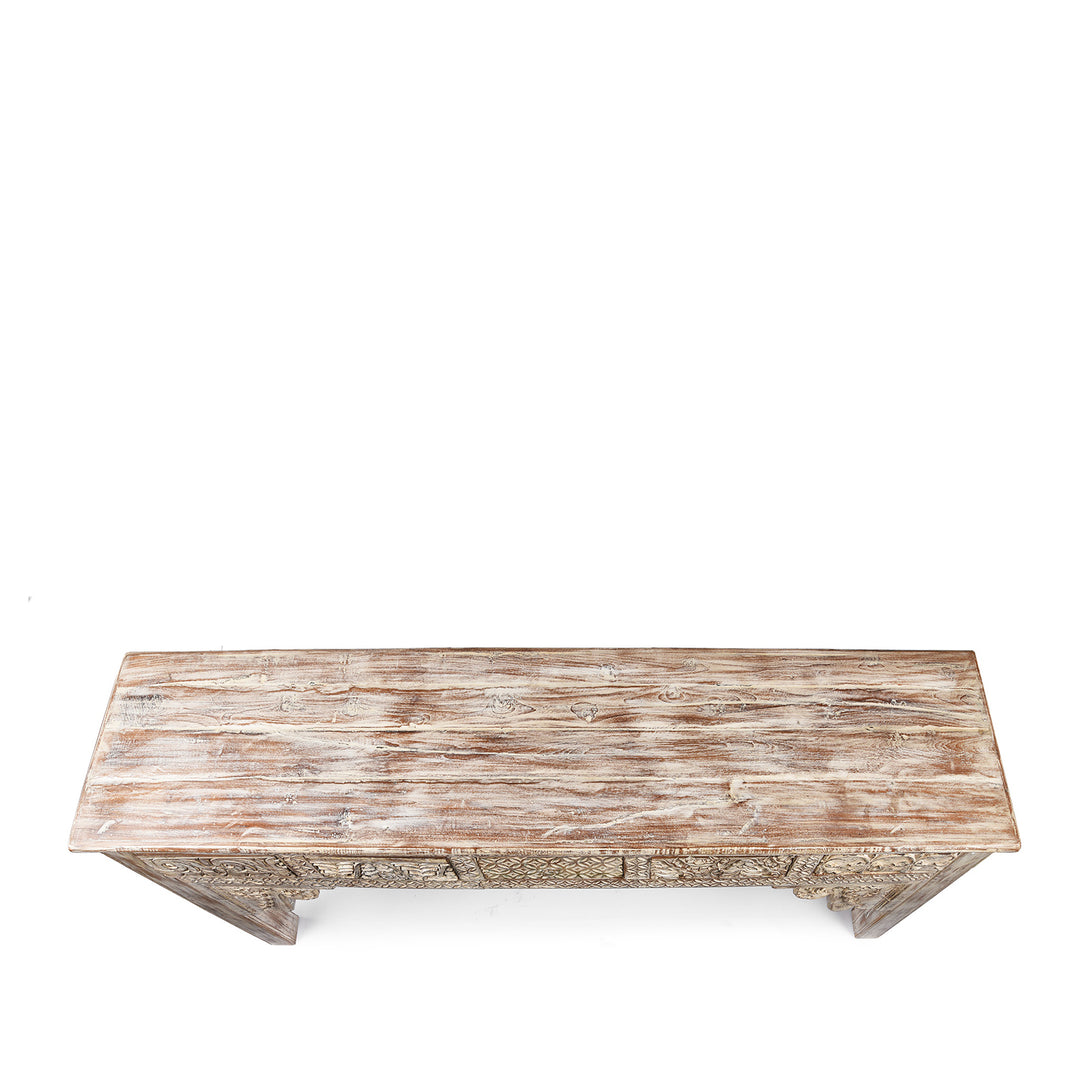 Top Down View Of Painted 5 Drawer Console Table Made From Reclaimed Teak | Indigo Antiques