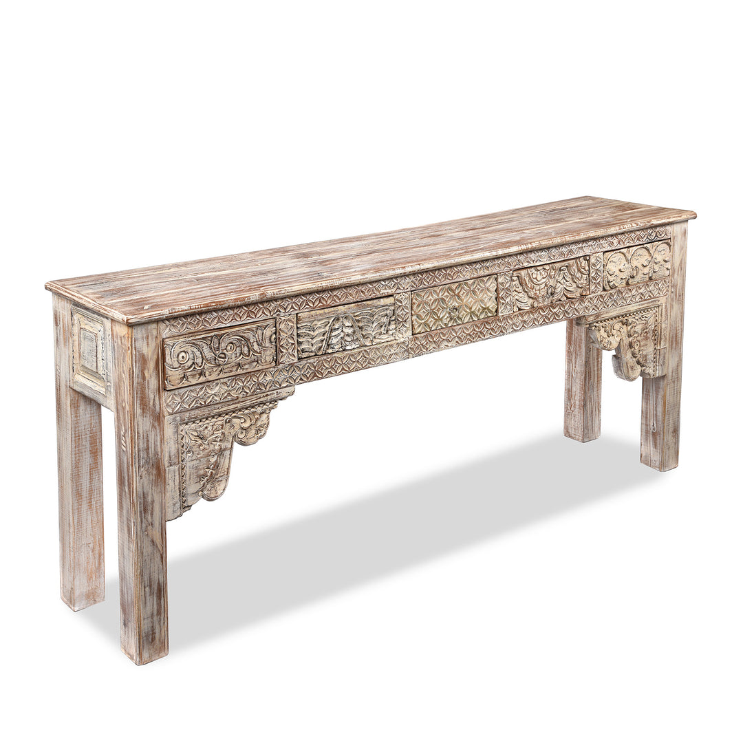 Angled View Of Painted 5 Drawer Console Table Made From Reclaimed Teak | Indigo Antiques